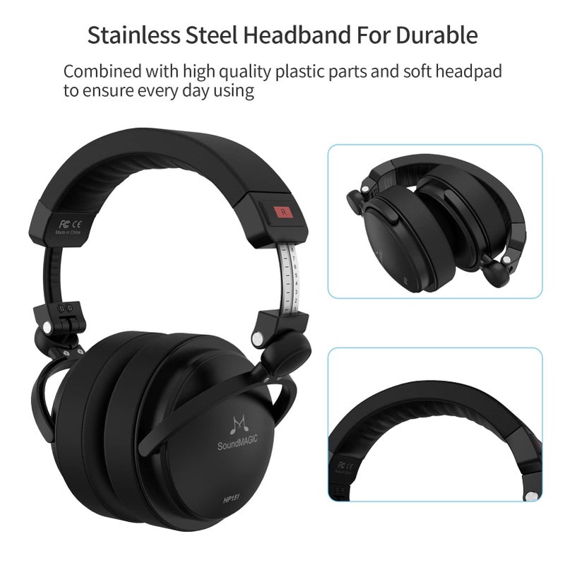 SoundMAGIC HP151 Over-Ear Wired Headphones for Monitoring & Recording, Closed-Back HiFi Stereo Headsets for Audiophiles, Work with All Audio Devices, Adjustable & Collapsible Design, Black - Image 4